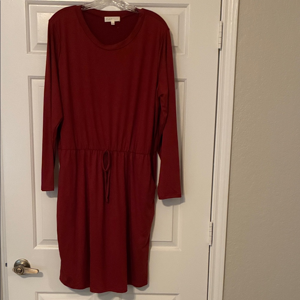 Long-Sleeve Drawcord Jersey Dress in Deep Red